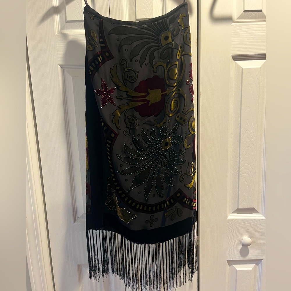 Beaded Burnout Velvet Whimsigoth Fringe Skirt